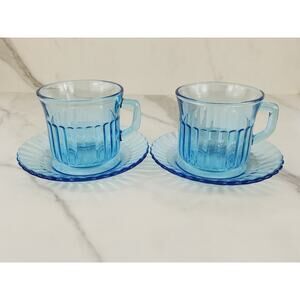 Fortecrisa Azure Ice Blue Glass Tea Cup Saucer 70's Interior Ribbed 3" Mexico x4